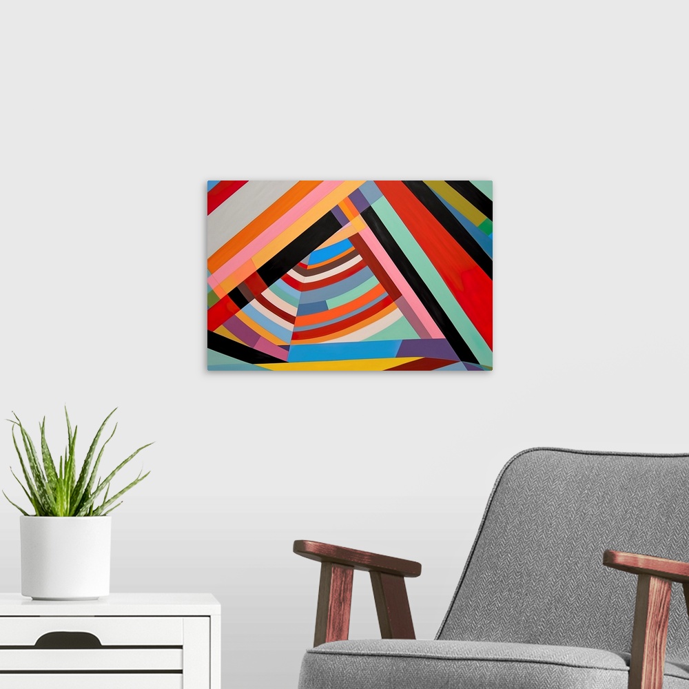 A modern room featuring geometric abstraction wall art