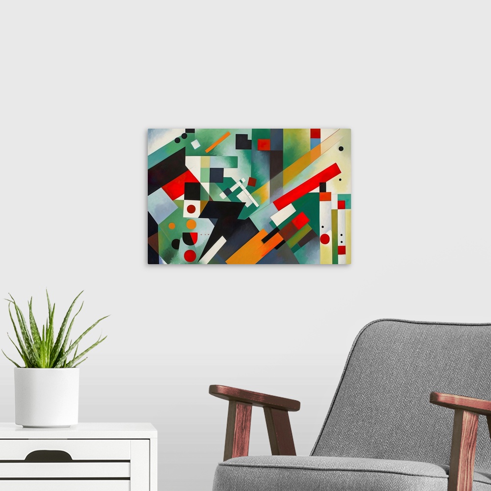 A modern room featuring Colorful Geometric Abstraction XI