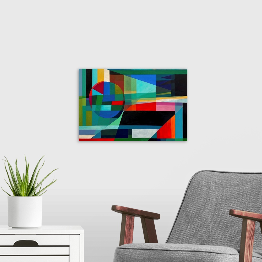 A modern room featuring Colorful Geometric Abstraction XIV