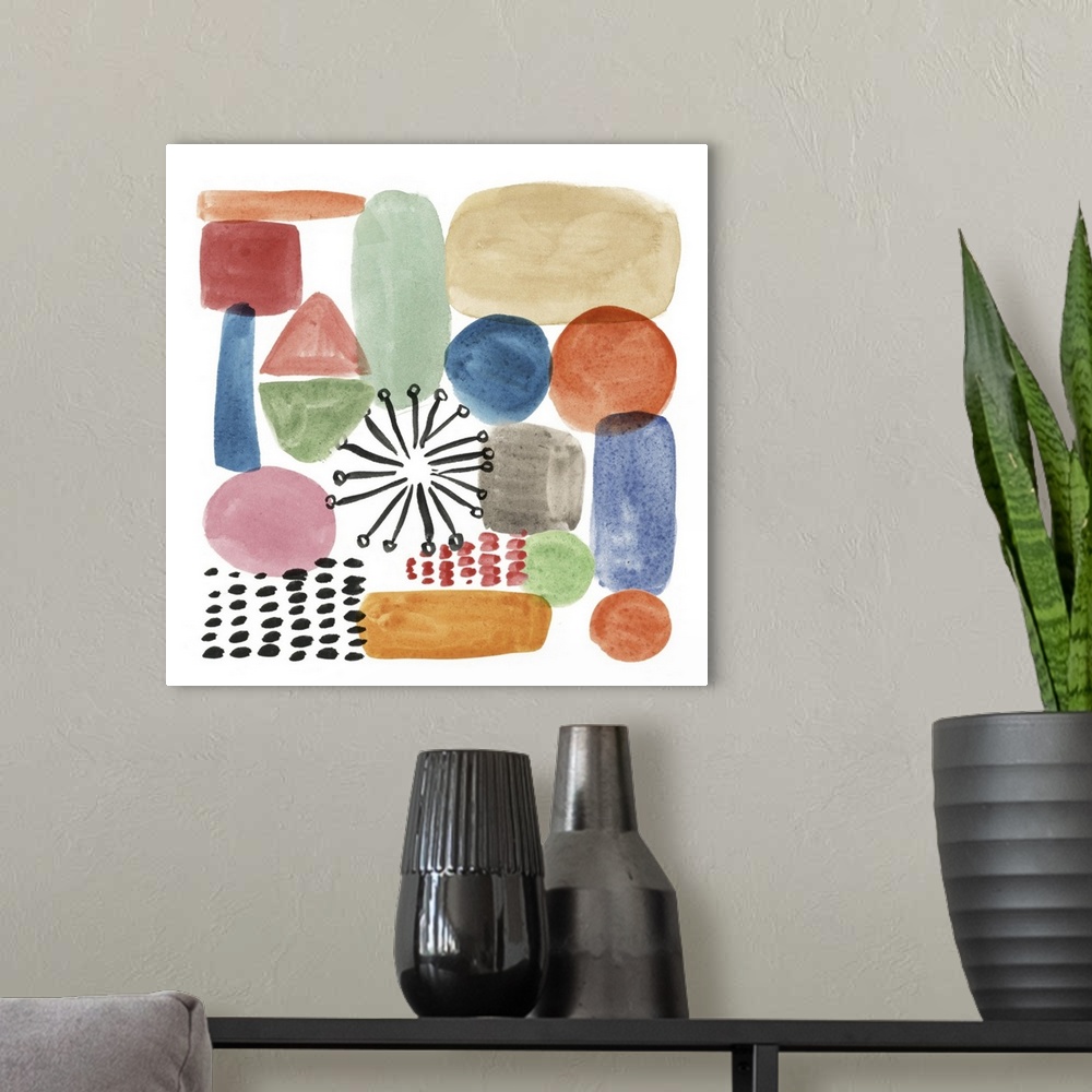 A modern room featuring Whimsical abstract painting of various multi-colored shapes.