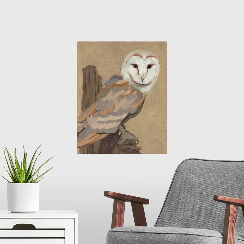 A modern room featuring Common Barn Owl Portrait I