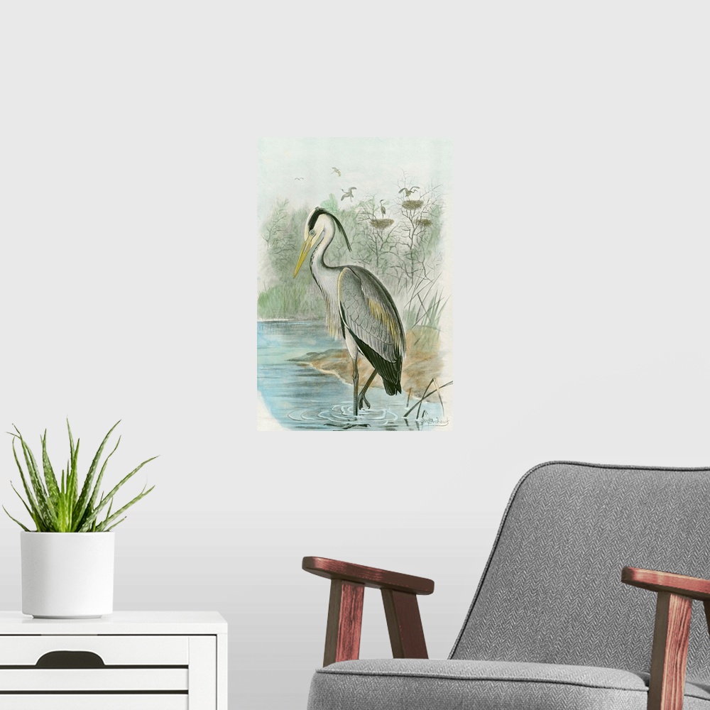 A modern room featuring Common Heron