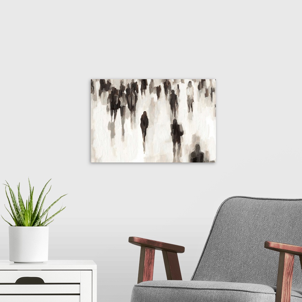 A modern room featuring Abstracted figurative painting of a crowd of people commuting to and from work.