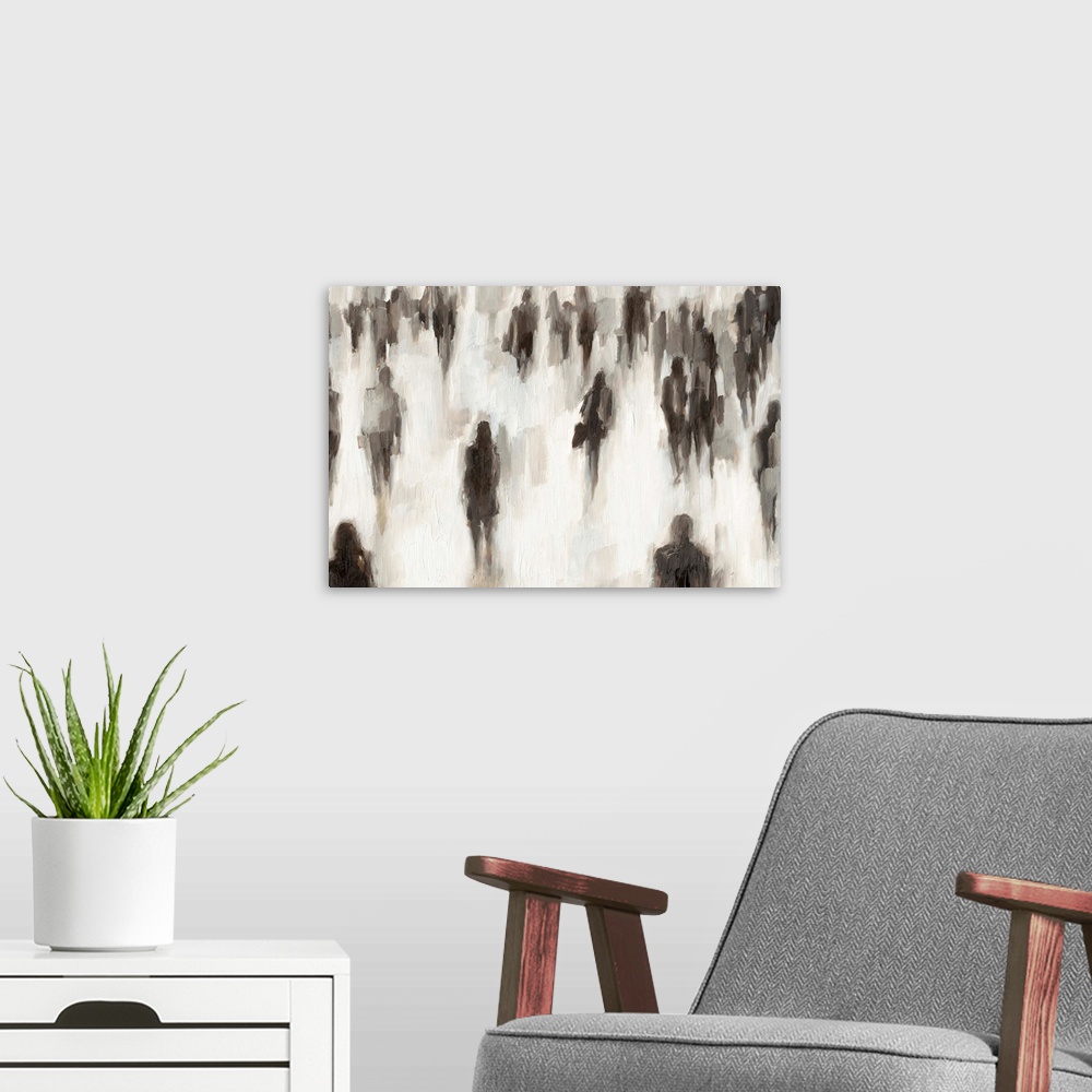 A modern room featuring Abstracted figurative painting of a crowd of people commuting to and from work.