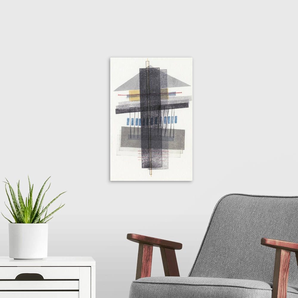 A modern room featuring Mid century style abstract geometric artwork of dark grey shapes on white.