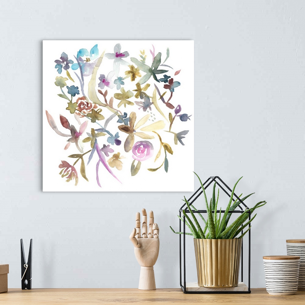 A bohemian room featuring Watercolor painting of colorful wildflowers on a white square background.