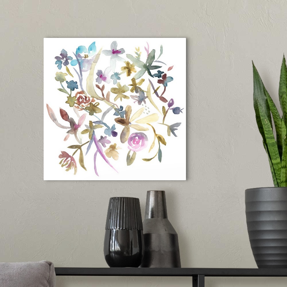 A modern room featuring Watercolor painting of colorful wildflowers on a white square background.