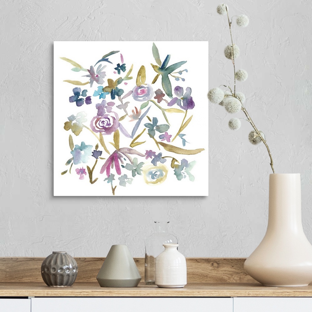 A farmhouse room featuring Watercolor painting of colorful wildflowers on a white square background.
