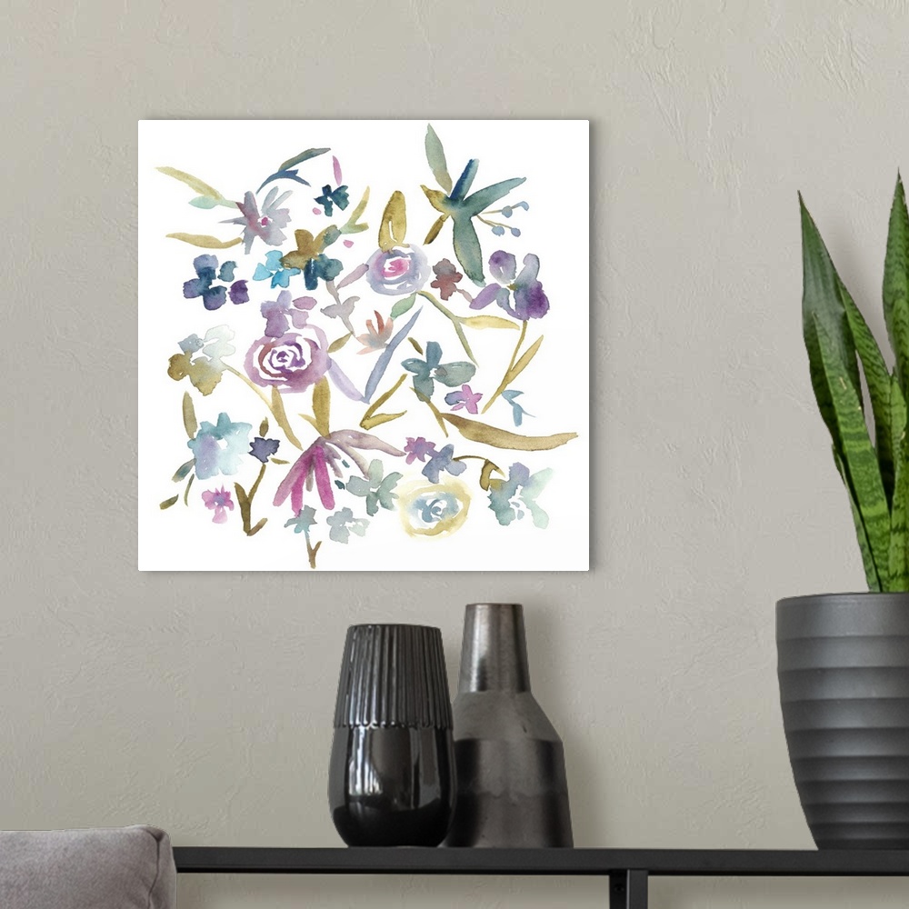 A modern room featuring Watercolor painting of colorful wildflowers on a white square background.