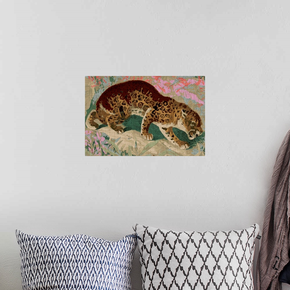 A bohemian room featuring Bohemian painting of a tiger in front of a floral background.