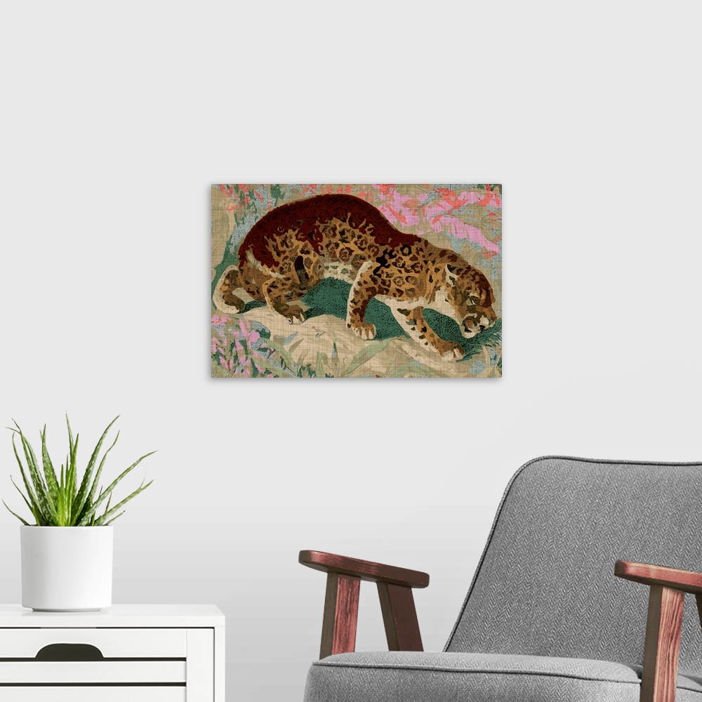 A modern room featuring Bohemian painting of a tiger in front of a floral background.