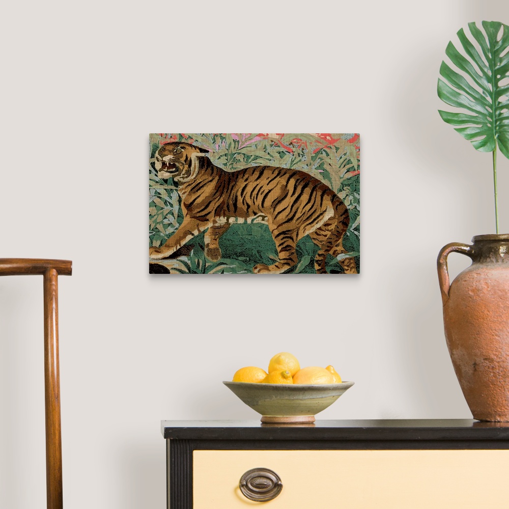 A traditional room featuring Bohemian painting of a tiger in front of a floral background.