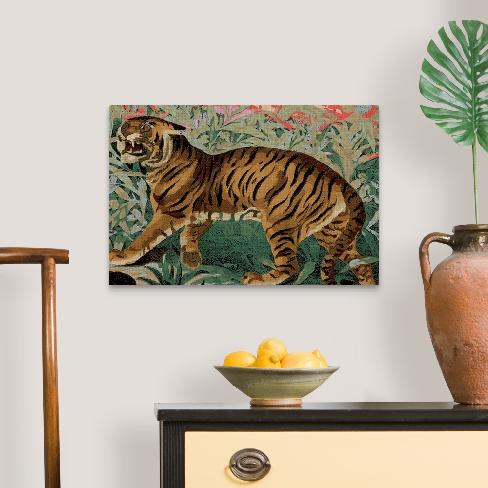 A traditional room featuring Bohemian painting of a tiger in front of a floral background.