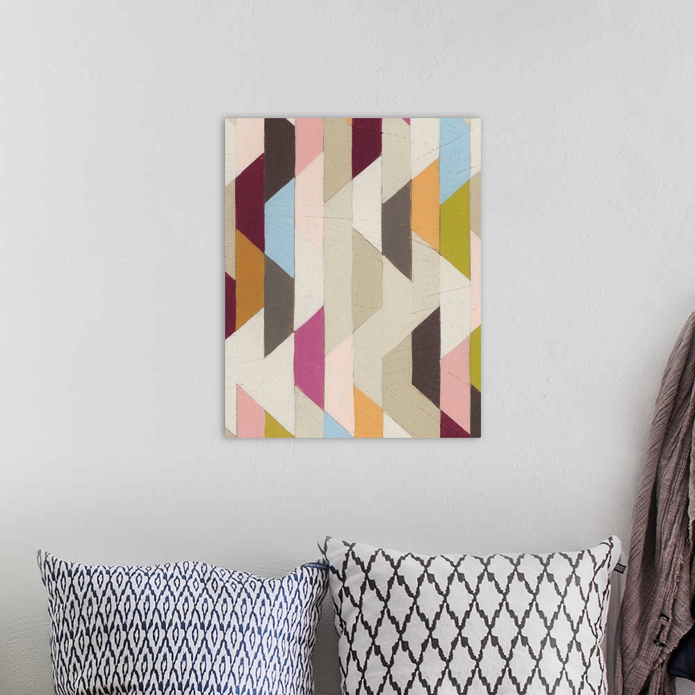 A bohemian room featuring Contemporary abstract art using geometric patterns and soft colors.
