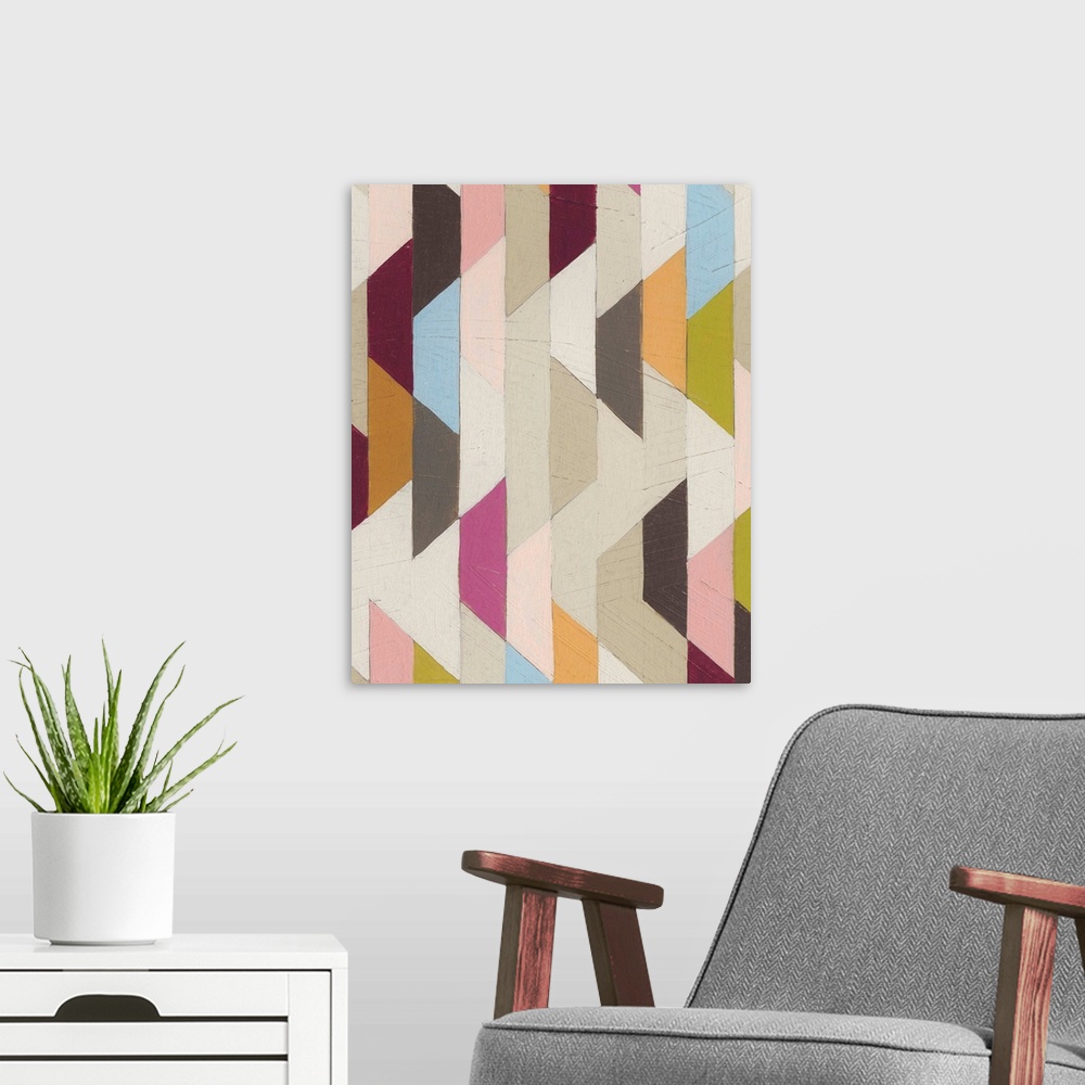A modern room featuring Contemporary abstract art using geometric patterns and soft colors.