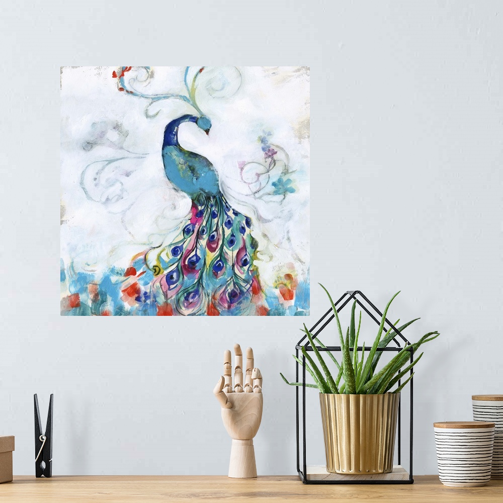 A bohemian room featuring Whimsical painting of a colorful peacock with brightly colored feathers.