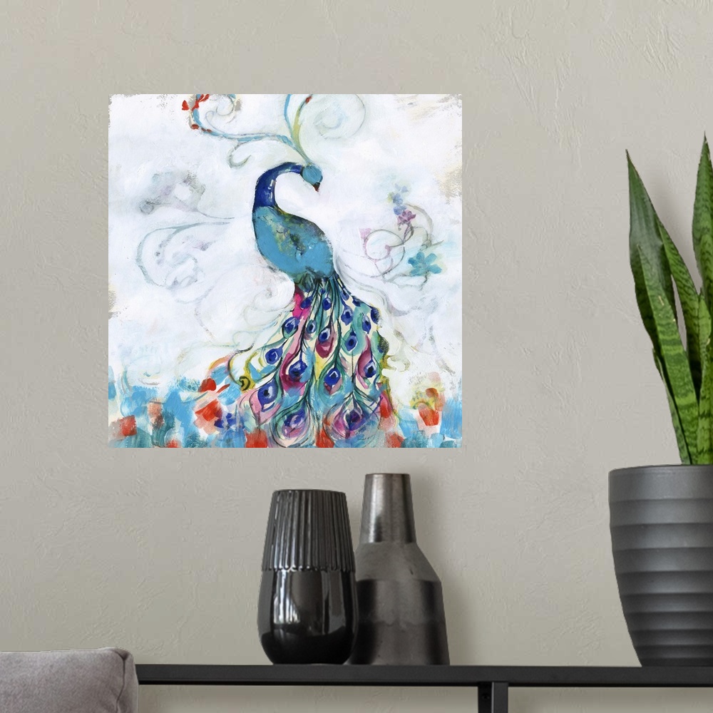 A modern room featuring Whimsical painting of a colorful peacock with brightly colored feathers.