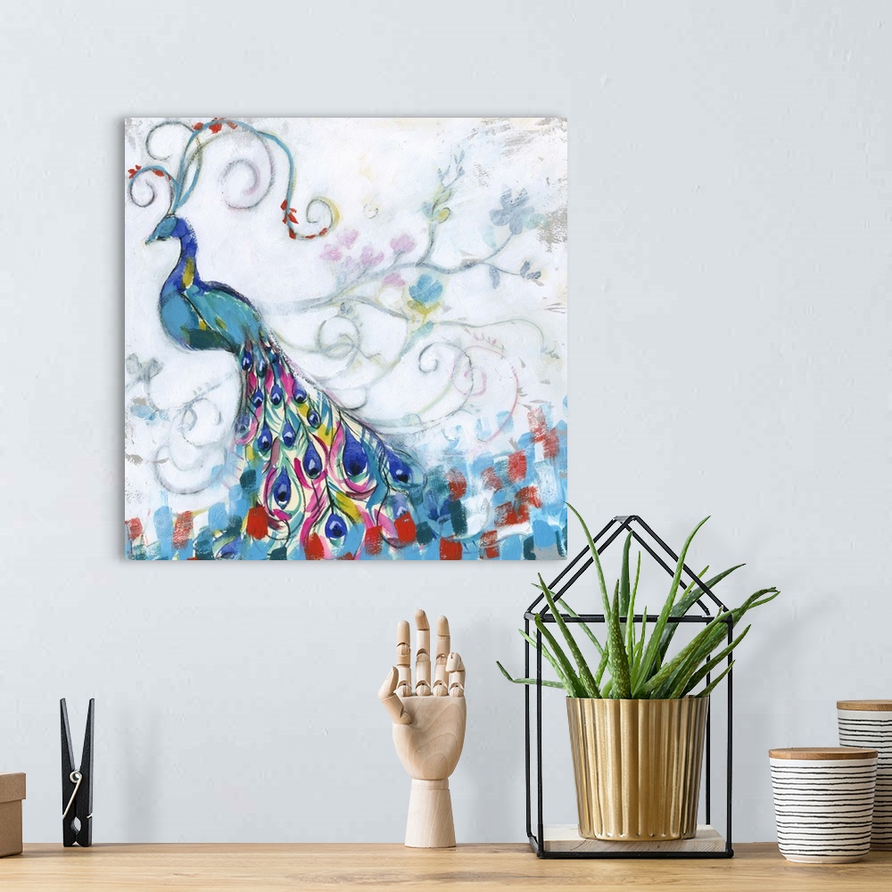 A bohemian room featuring Whimsical painting of a colorful peacock with brightly colored feathers.