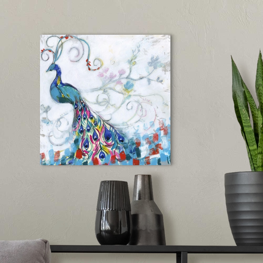 A modern room featuring Whimsical painting of a colorful peacock with brightly colored feathers.