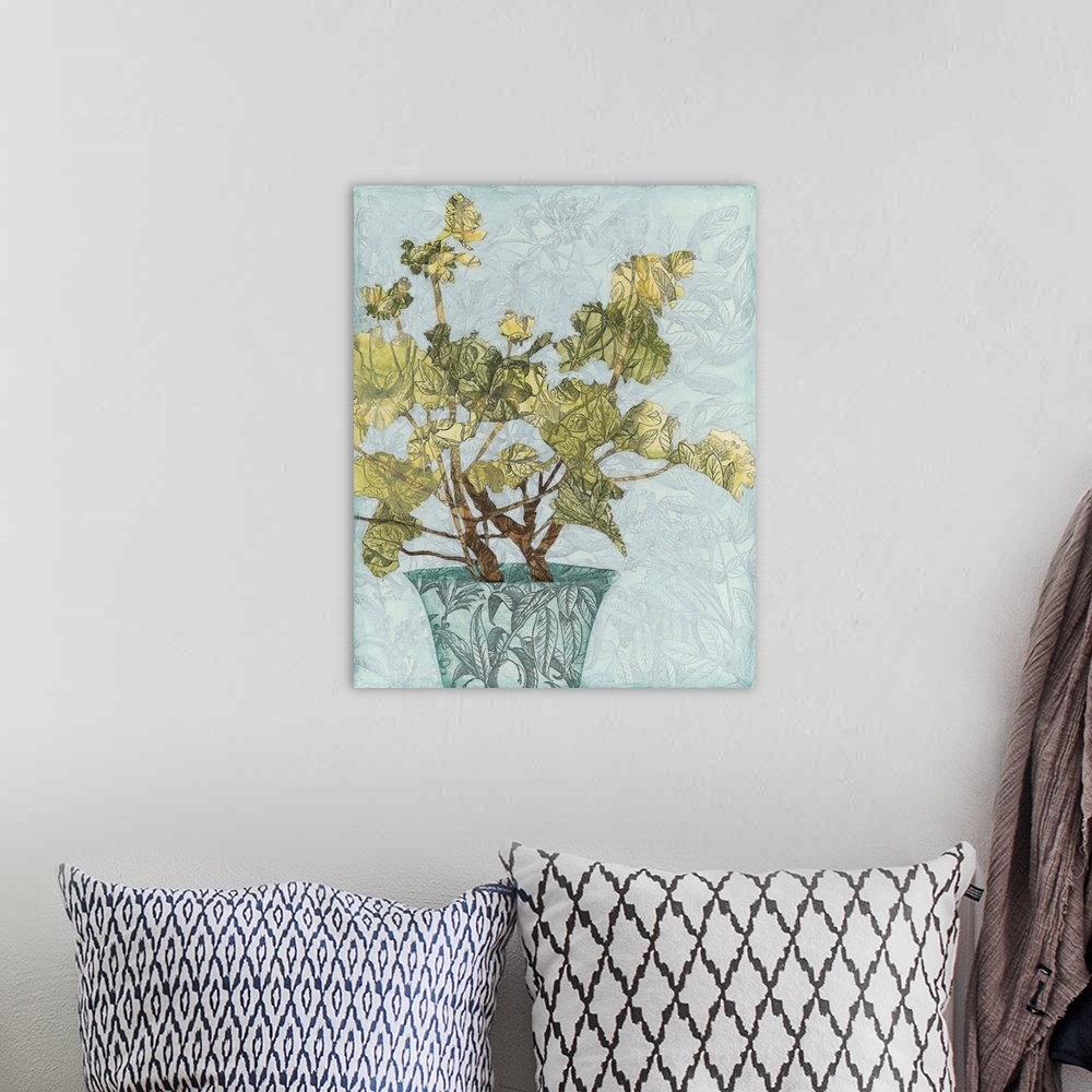 A bohemian room featuring Contemporary collage art of a decorative plant in a blue pot on a light blue background, all with...