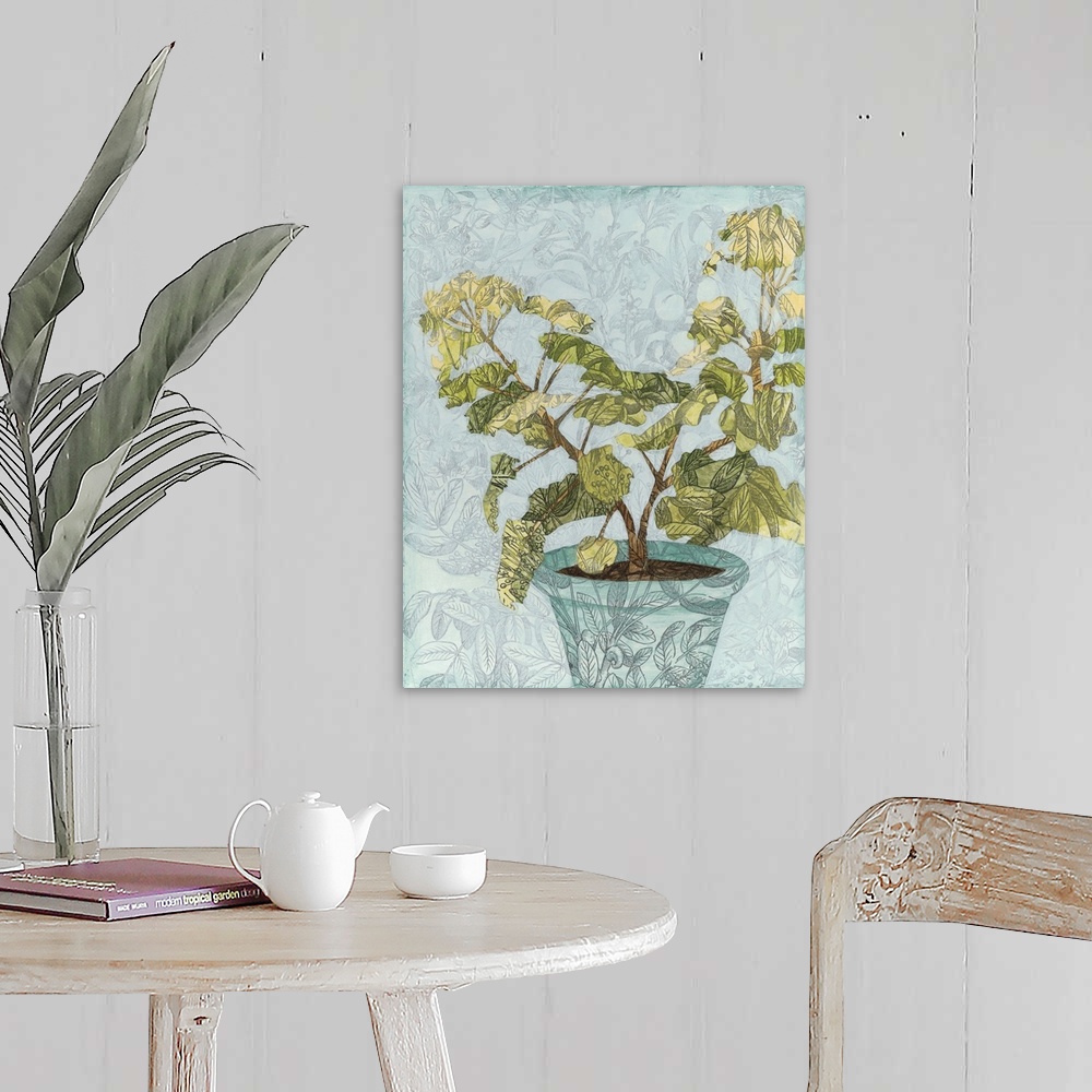 A farmhouse room featuring Contemporary collage art of a decorative plant in a blue pot on a light blue background, all with...