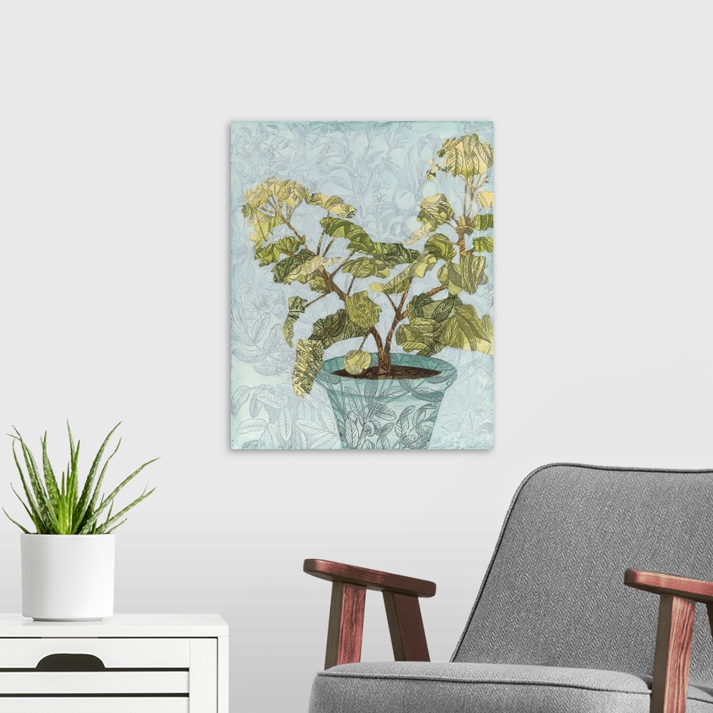 A modern room featuring Contemporary collage art of a decorative plant in a blue pot on a light blue background, all with...