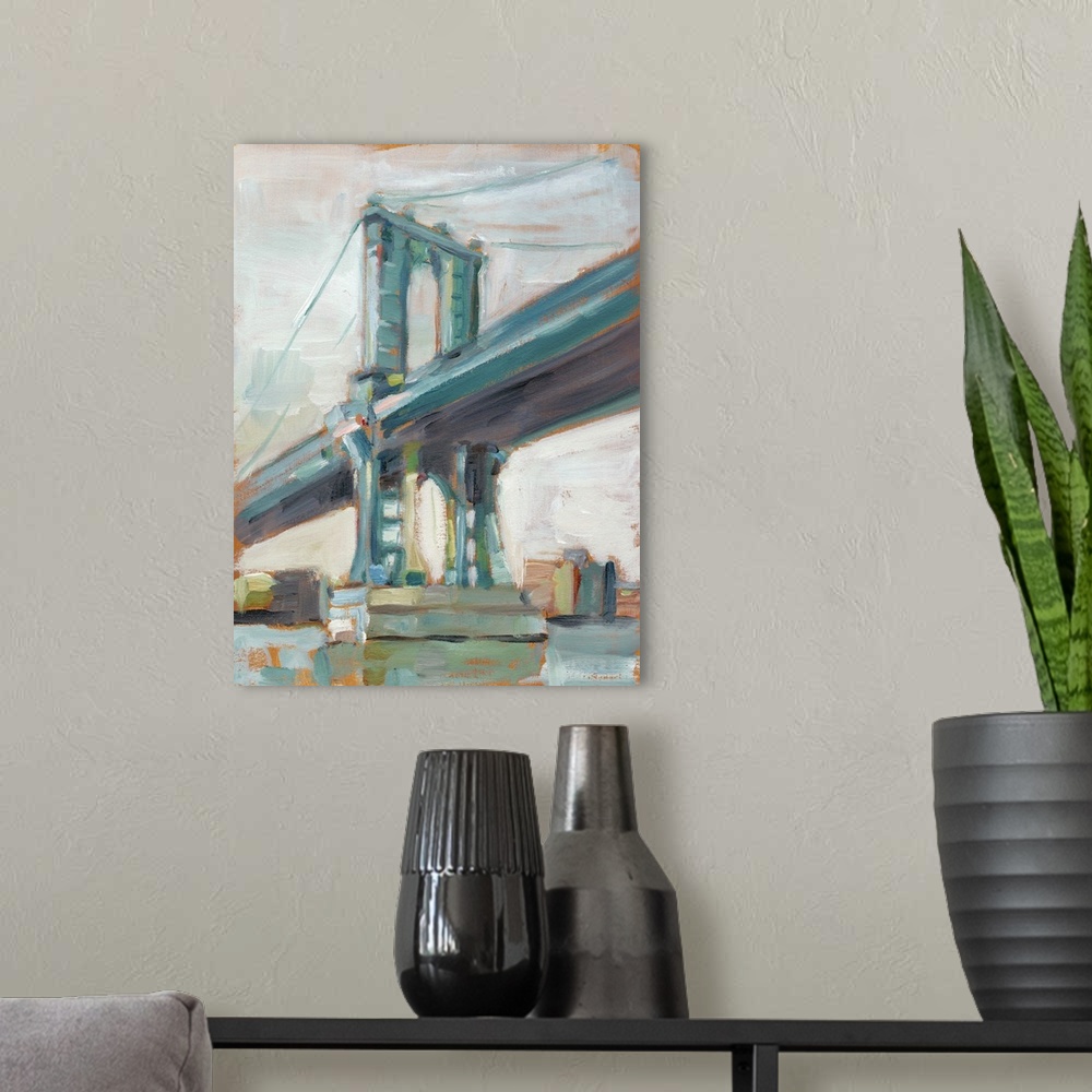 A modern room featuring Contemporary painting of the iconic Manhattan Bridge in New York City.