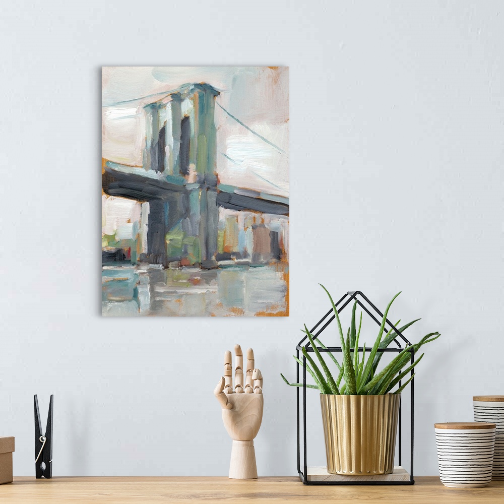 A bohemian room featuring Contemporary painting of the iconic Brooklyn Bridge in New York City.