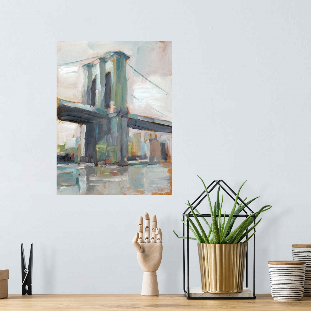 A bohemian room featuring Contemporary painting of the iconic Brooklyn Bridge in New York City.