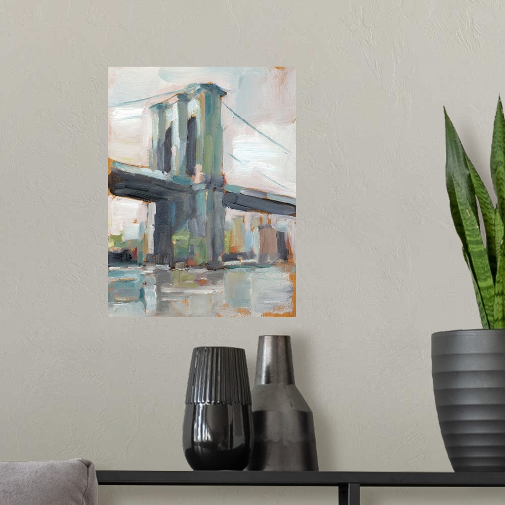 A modern room featuring Contemporary painting of the iconic Brooklyn Bridge in New York City.