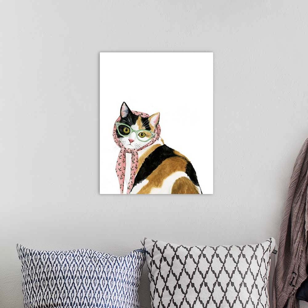 A bohemian room featuring Humorous illustration of a calico cat wearing a headscarf and librarian glasses.