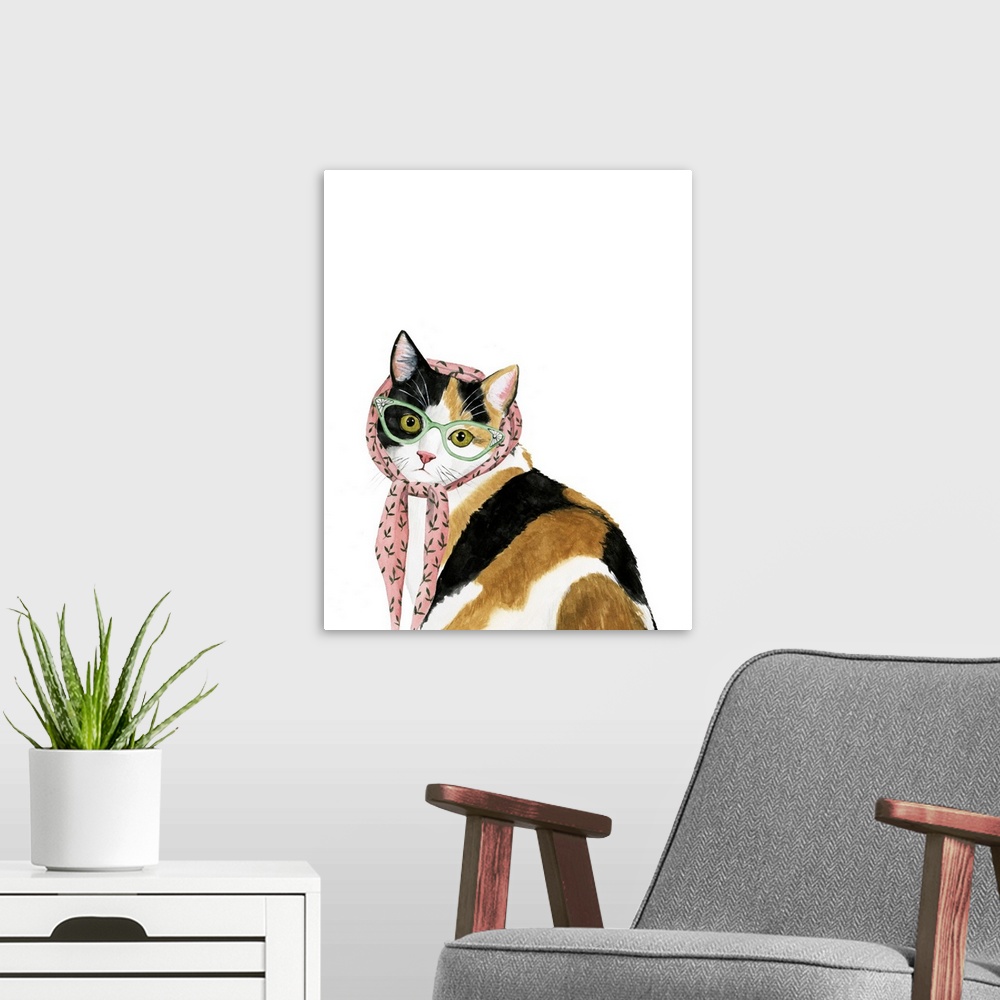 A modern room featuring Humorous illustration of a calico cat wearing a headscarf and librarian glasses.