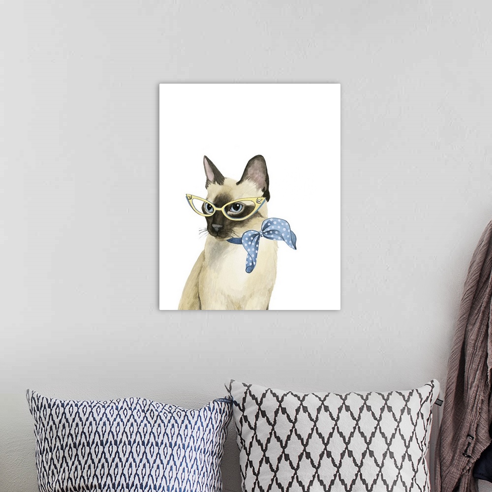 A bohemian room featuring Humorous illustration of a Siamese cat wearing a scarf and librarian glasses.