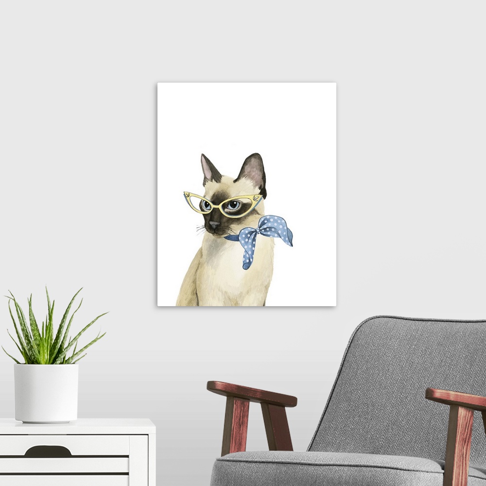 A modern room featuring Humorous illustration of a Siamese cat wearing a scarf and librarian glasses.