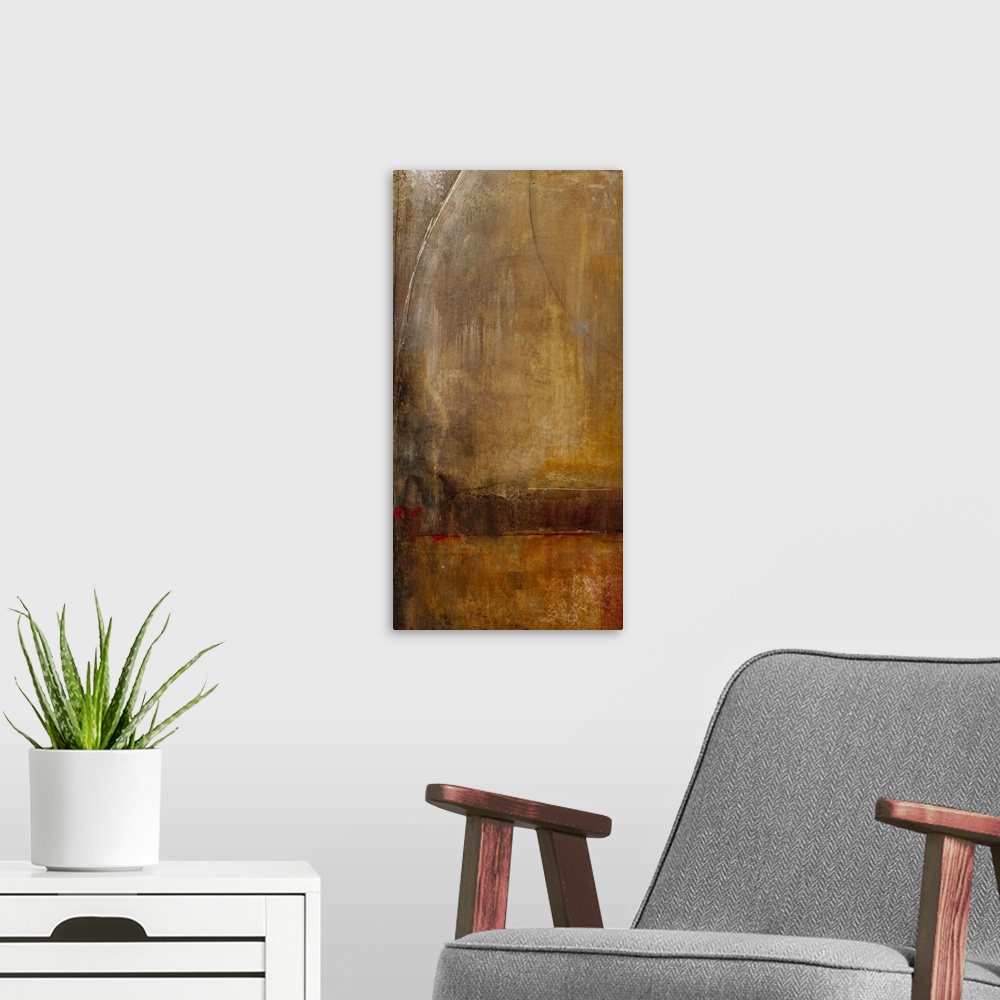 A modern room featuring Modern artwork in neutral tones and a rough texture with lines and color streaks.