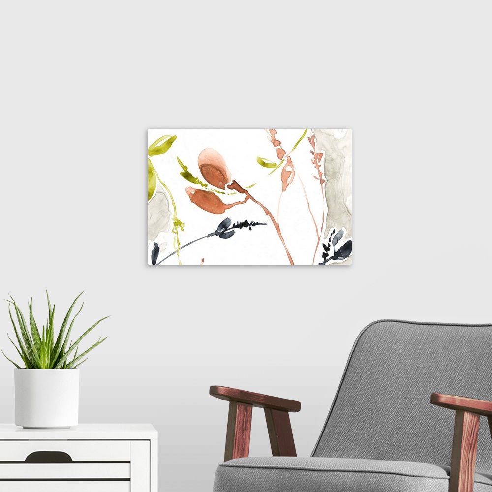 A modern room featuring Watercolor painting of flowers and leaves in red, black, and green, on white.