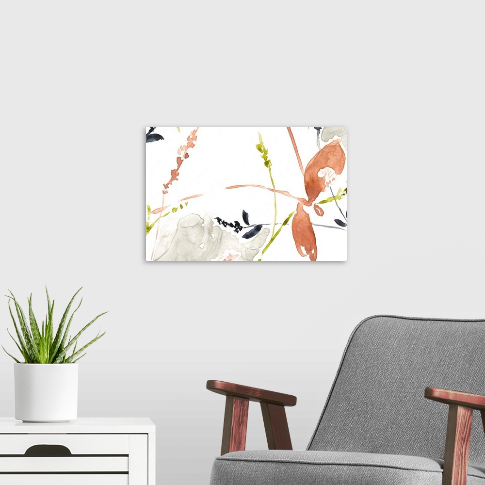 A modern room featuring Watercolor painting of flowers and leaves in red, black, and green, on white.