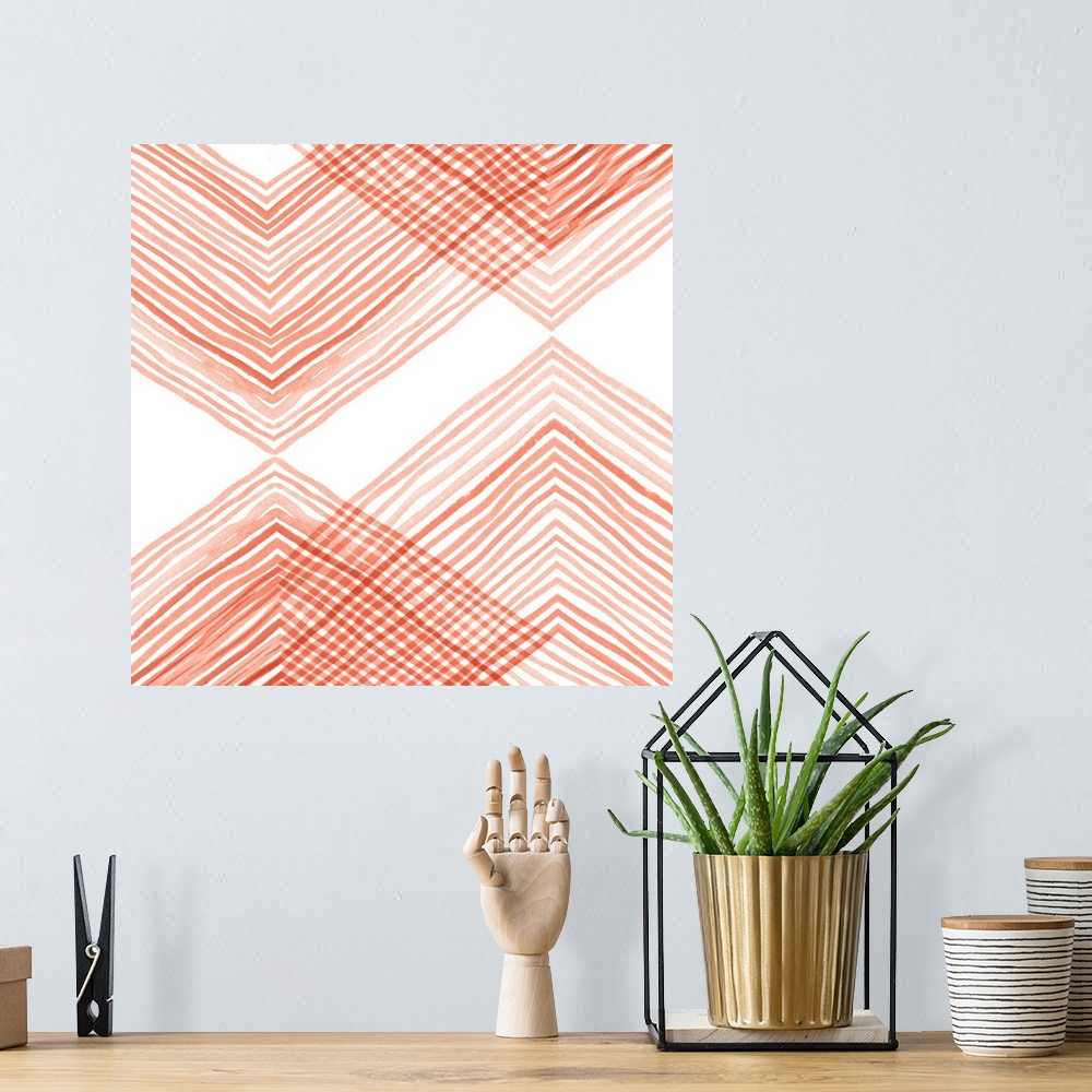 A bohemian room featuring Fine, intersecting, coral-colored lines form a simple organic geometric pattern