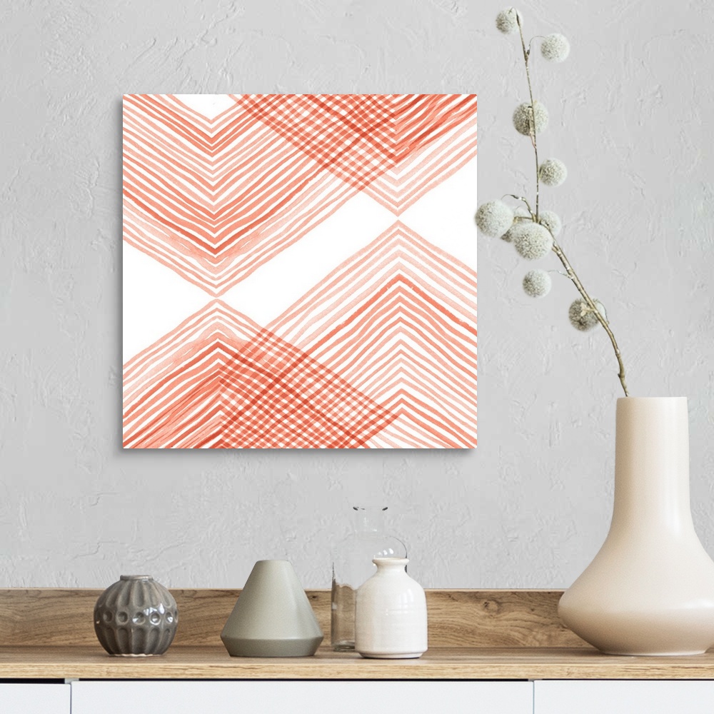 A farmhouse room featuring Fine, intersecting, coral-colored lines form a simple organic geometric pattern
