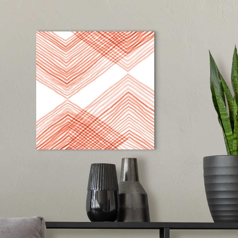 A modern room featuring Fine, intersecting, coral-colored lines form a simple organic geometric pattern