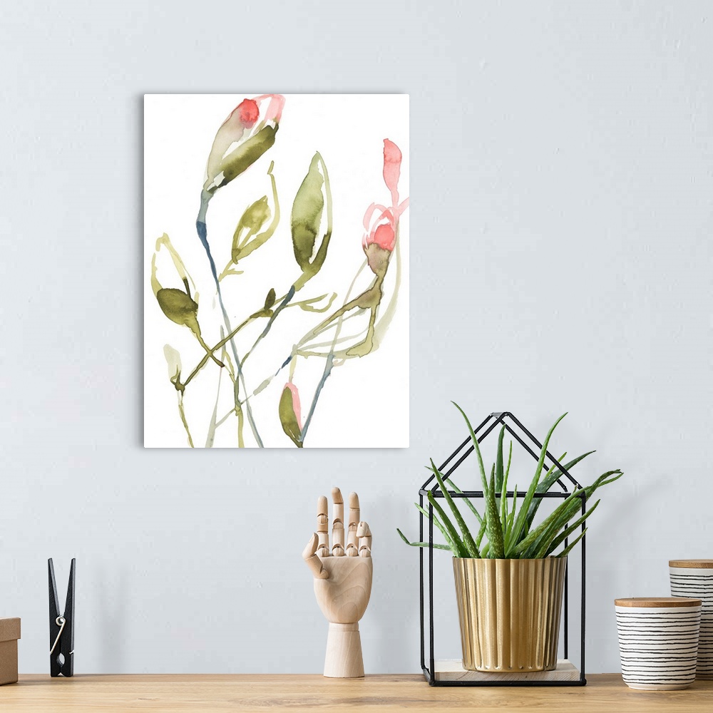 A bohemian room featuring Simple, loose watercolor painting of green plant stems and buds with coral pink flowers