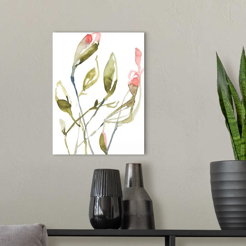 A modern room featuring Simple, loose watercolor painting of green plant stems and buds with coral pink flowers