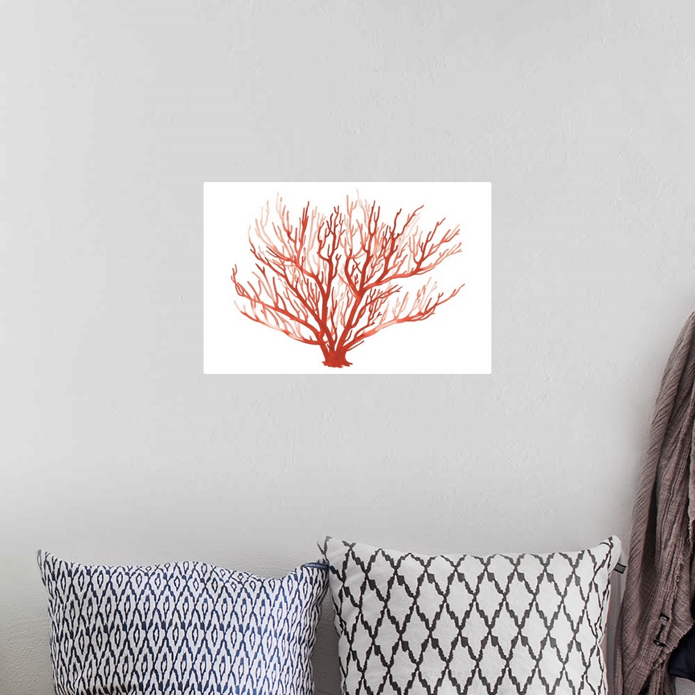A bohemian room featuring Simple monochromatic painting of a coral fan against a white background