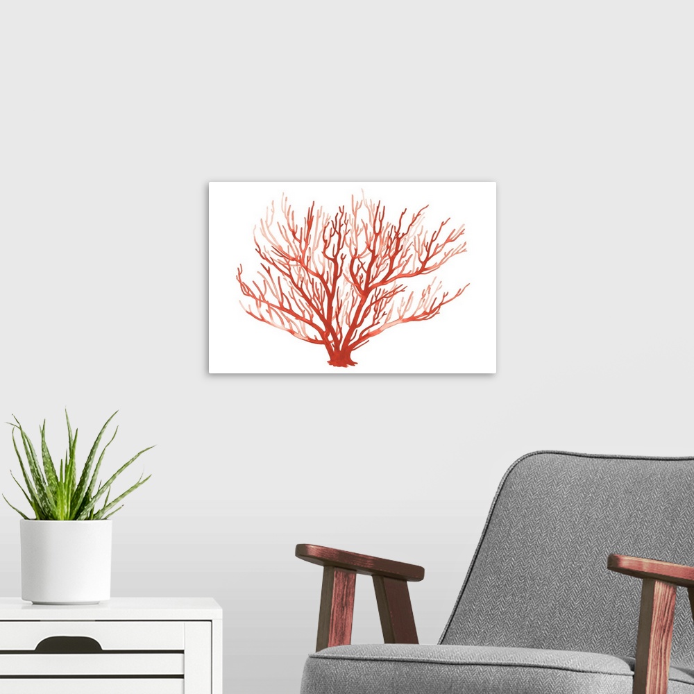 A modern room featuring Simple monochromatic painting of a coral fan against a white background