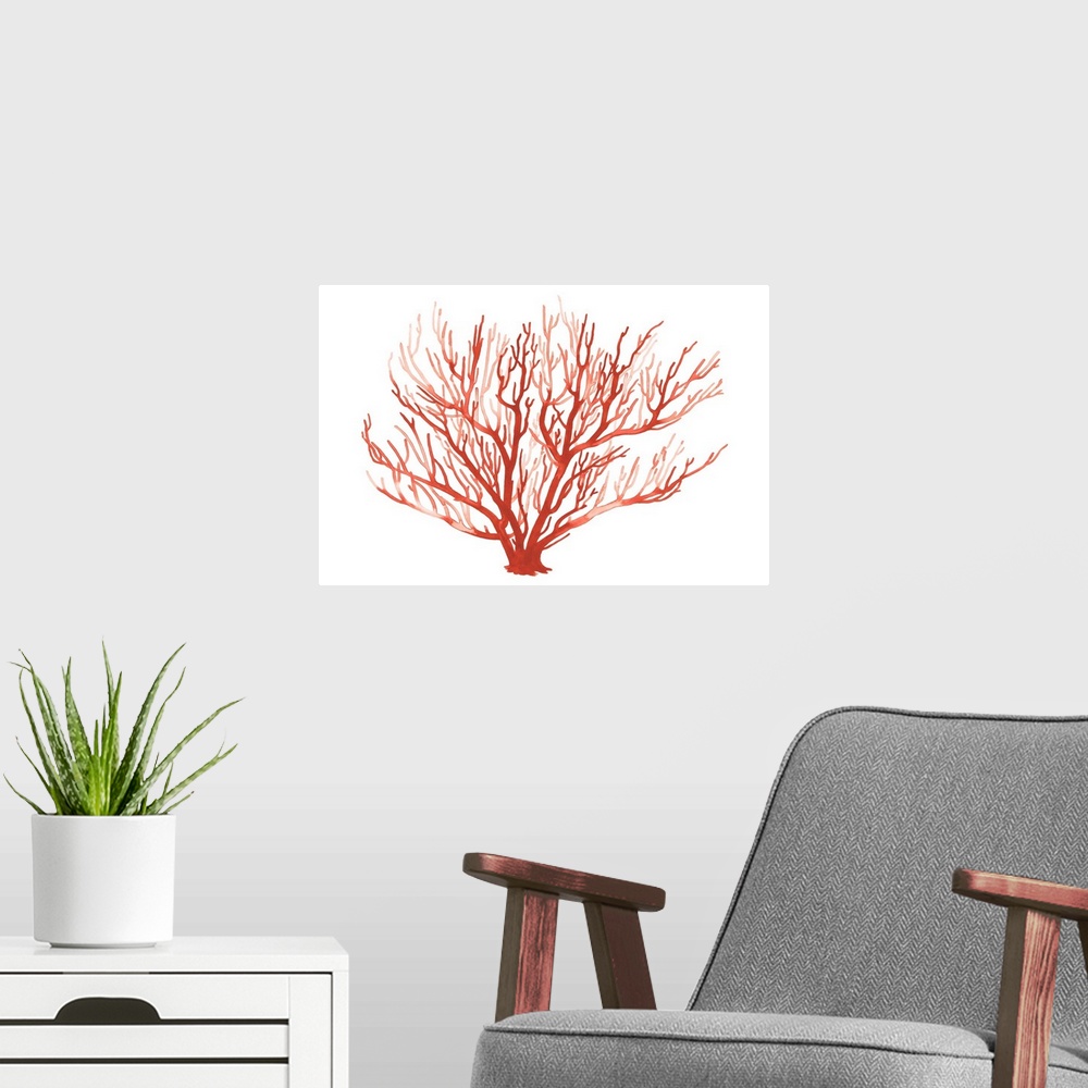 A modern room featuring Simple monochromatic painting of a coral fan against a white background