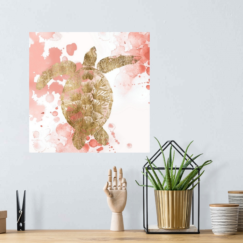 A bohemian room featuring A gilded sea turtle against a white background with splashes of coral paint.