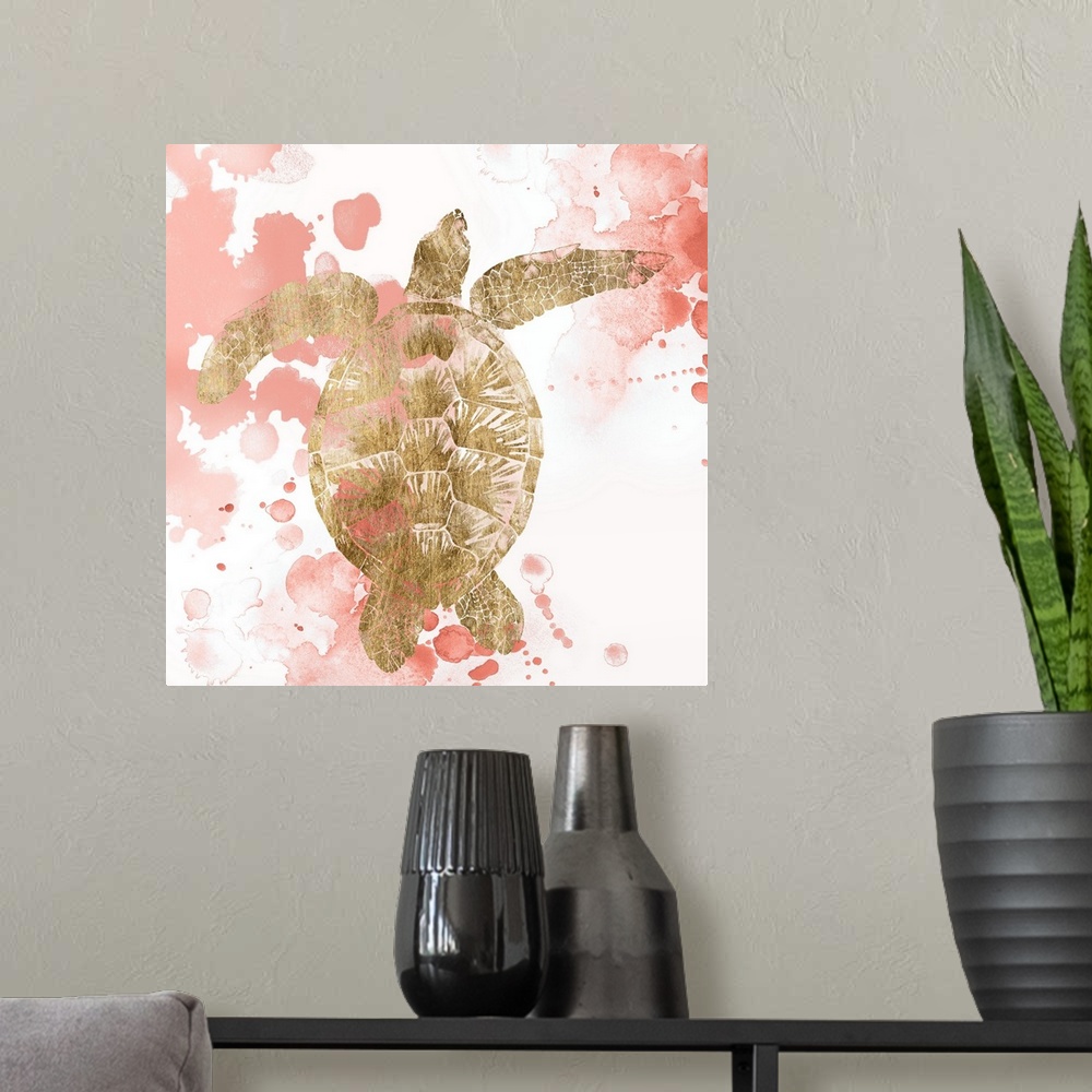 A modern room featuring A gilded sea turtle against a white background with splashes of coral paint.