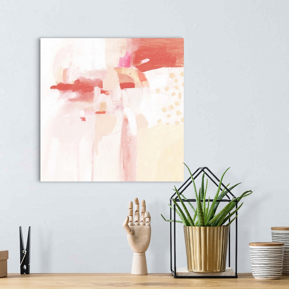 A bohemian room featuring Contemporary abstract painting in shades of peach and coral