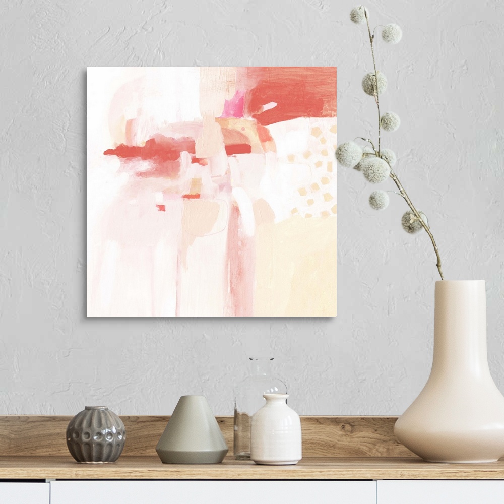 A farmhouse room featuring Contemporary abstract painting in shades of peach and coral