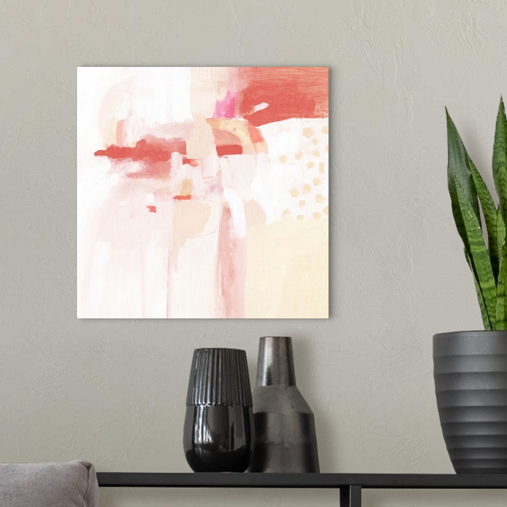 A modern room featuring Contemporary abstract painting in shades of peach and coral